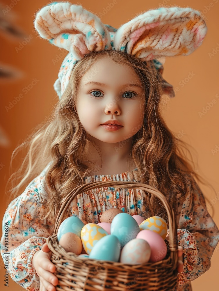 Beautiful little girl with rabbit ears costume on the head, Holding a basket of easter eggs on peach color background. Generative AI. Beautiful little girl with rabbit ears costume on the head, Holding a basket of easter eggs on peach color background. Generative AI.