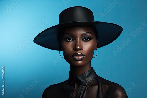 Elegant Woman in Stylish Black Hat and Leather Outfi