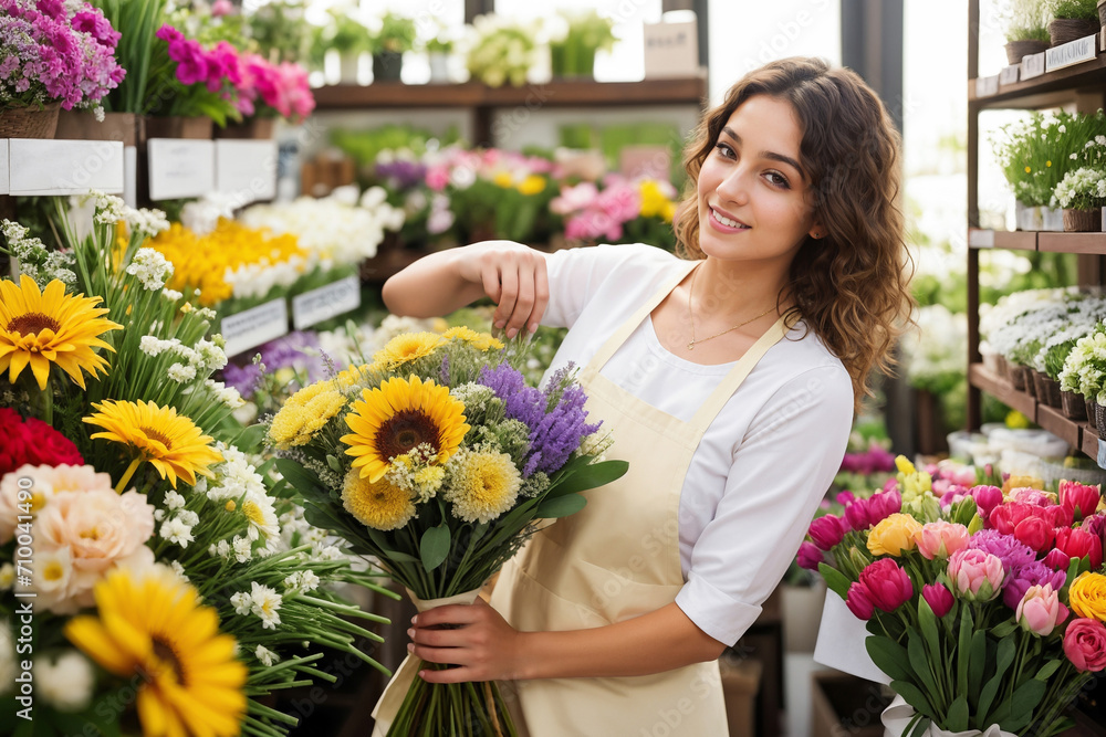 Film grain effect, Young smiling woman florist in flower store holding bouquet of flowers in her hands