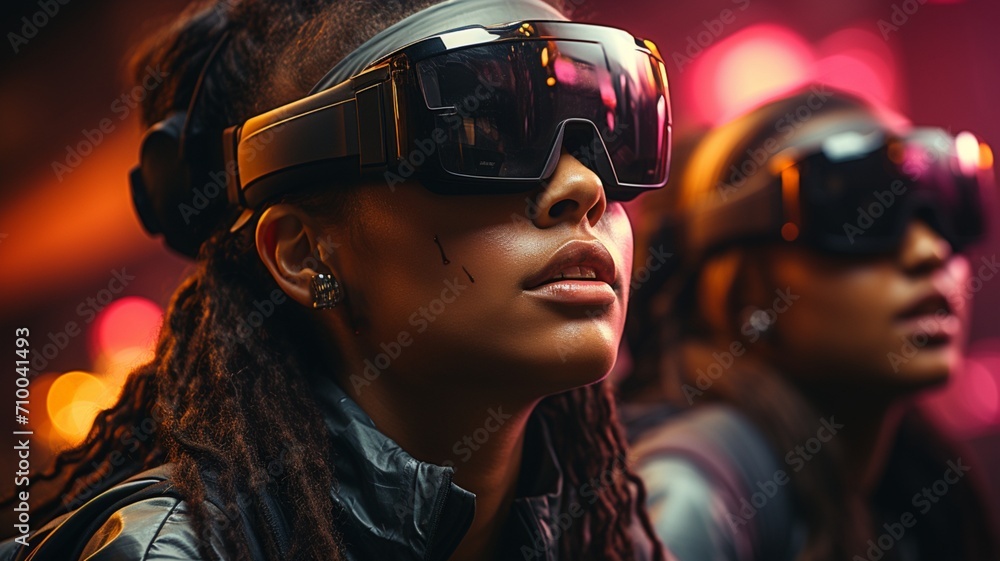 Captivating Image of Women Immersed in Virtual Reality Experience, Wearing VR Glasses - AI Generative