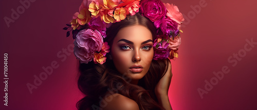 Amzing Beautiful Girl portrait, with pink roses in her hair, Beauty Model Woman Face, Perfect Skin, big blue shining eyes, Professional Make-up, beautiful thick long hair, Fashion Art photo