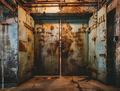 Heavy, rusted security doors in a bomb shelter, evoking a strong sense of historical military defence. photo