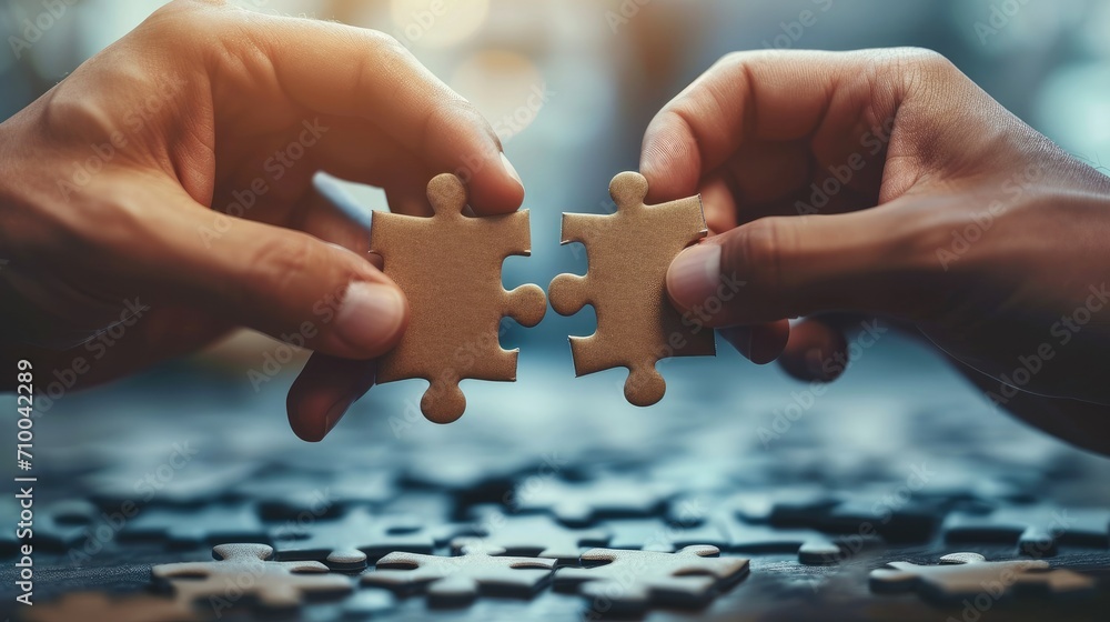 Closeup image of hand two businessman try to fit in puzzle pieces, symbolics of teamwork, Rules of third. Generative AI. Closeup image of hand two businessman try to fit in puzzle pieces, symbolics of teamwork, Rules of third. Generative AI.