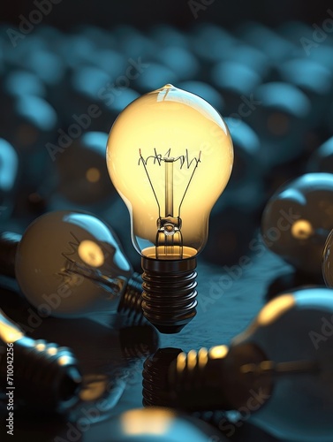 The lightbulb is shining at the top of several light bulbs. Generative AI.