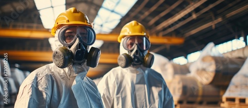 Two environmental engineers in protective gear and gas masks inspected an old, hazardous fuel leakage and its impact on the environment in a contaminated warehouse.