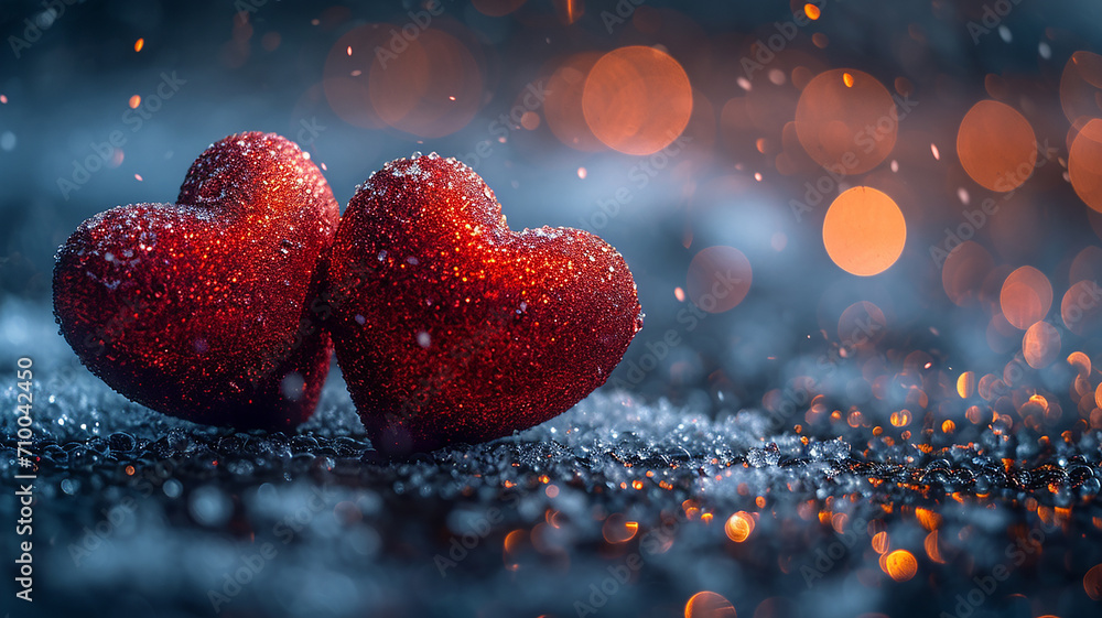 Valentines day Background of two red heart shape love made with glowing glitter bokeh image Valentines day Background of two red heart shape love made with glowing glitter bokeh image