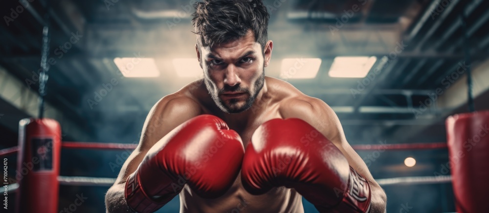 Man engages in martial arts and fitness, practicing kickboxing, MMA, and battling in the gym. He is a powerful athlete, exercising and training with gloves as a strong boxer in the club.