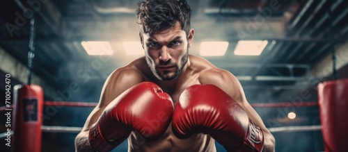 Man engages in martial arts and fitness, practicing kickboxing, MMA, and battling in the gym. He is a powerful athlete, exercising and training with gloves as a strong boxer in the club. © TheWaterMeloonProjec