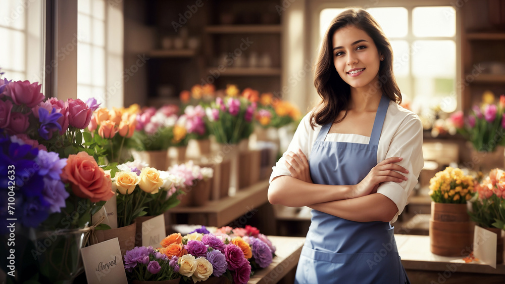 Film grain effect, Young satisfied woman florist in apron standing in flower store