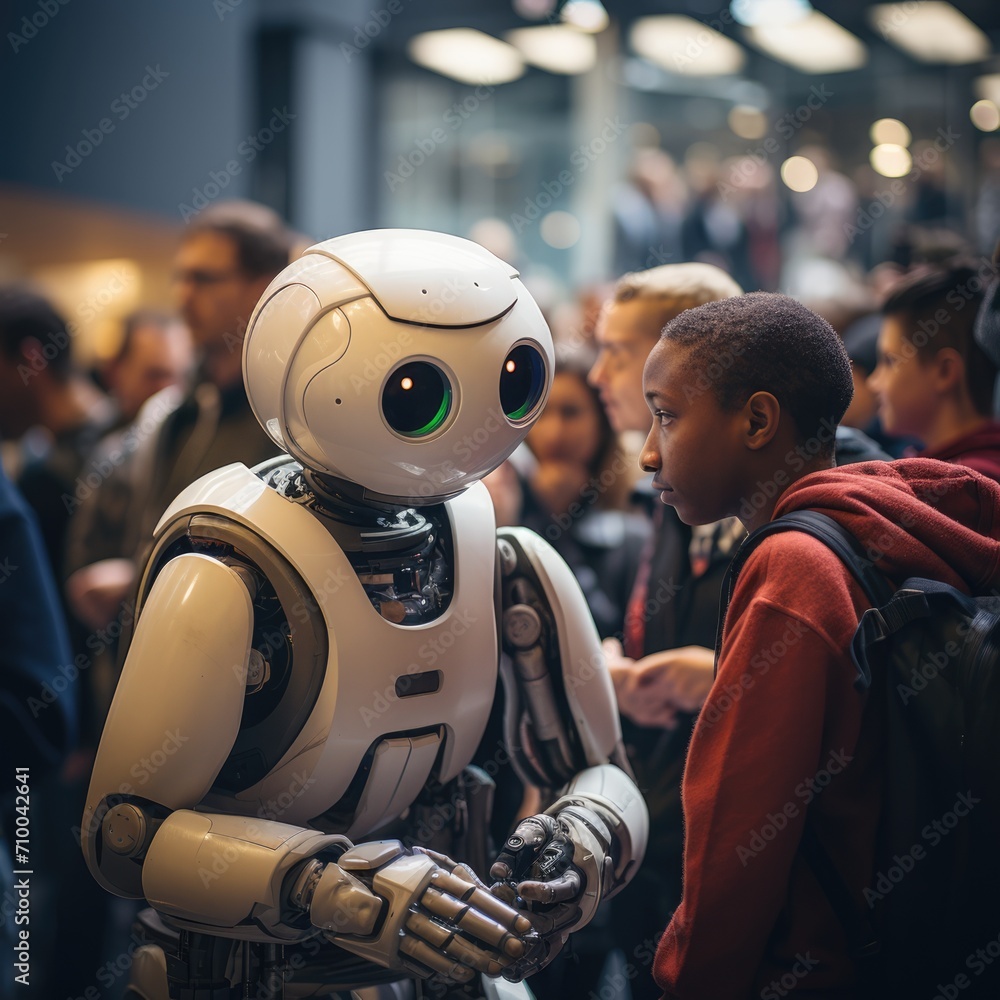 a diverse crowd gathering at a robotics expo, exploring the latest innovations and interacting with friendly robots a diverse crowd gathering at a robotics expo, exploring the latest innovations and interacting with friendly robots