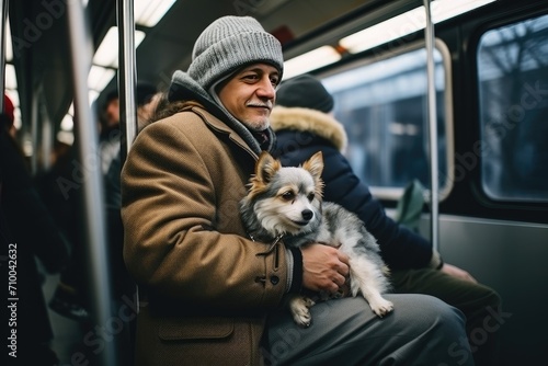 Smiling Man with His Beloved Dog Commuting on Public Transit