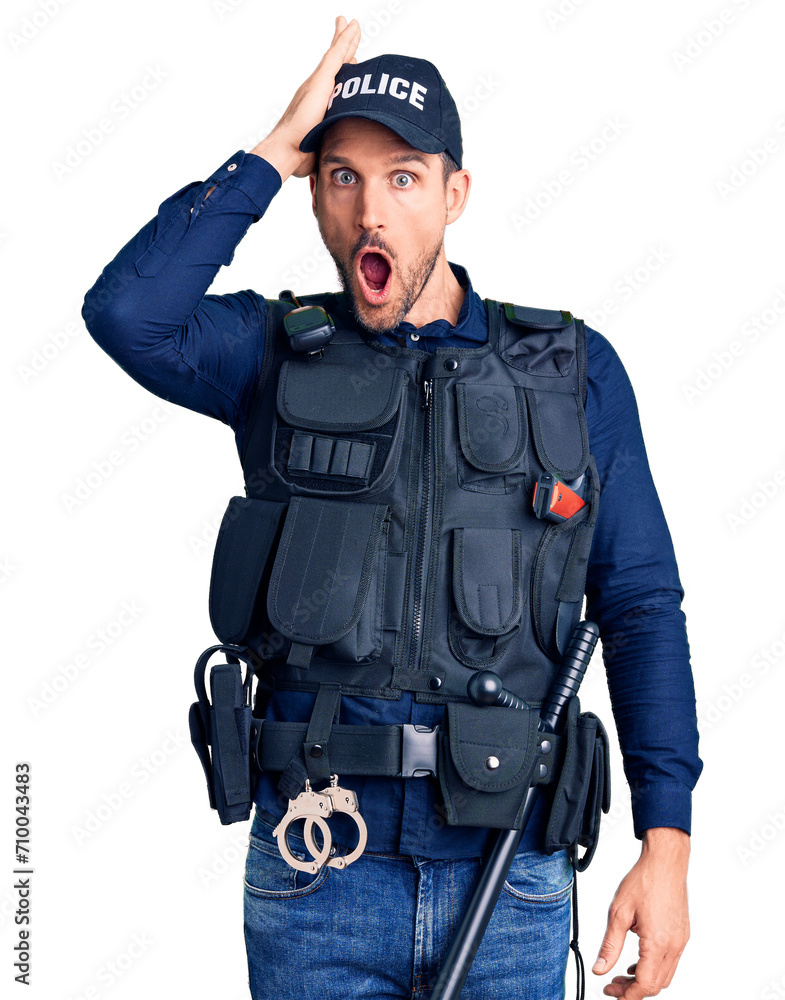 Young handsome man wearing police uniform surprised with hand on head for mistake, remember error. forgot, bad memory concept. Young handsome man wearing police uniform surprised with hand on head for mistake, remember error. forgot, bad memory concept.