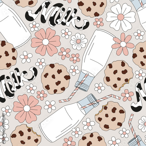 Retro pastel colour glass bottle of milk with striped cocktail straw and chocolate chip cookie vector seamless pattern. Groovy floral farm animal aesthetic background.