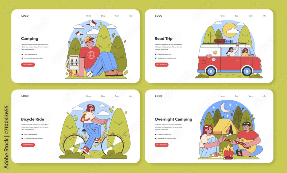 Fototapeta premium Exploring Outdoors set. Cozy campfire moments, joyful road trips, tranquil bicycle rides, relaxing fishing retreats. Captivating camping experiences. Flat vector illustration