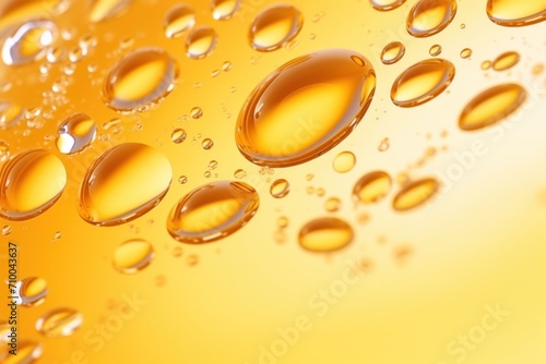 Golden yellow oil bubbles macro photography on white background.