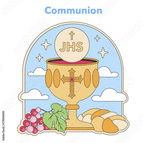 Communion sacrament illustration. Chalice with Eucharist bread and grapes, central symbols of Christian worship and remembrance of Jesus's Last Supper. Flat vector illustration