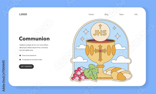 Communion sacrament illustration. Chalice with Eucharist bread and grapes, central symbols of Christian worship and remembrance of Jesus's Last Supper. Flat vector illustration