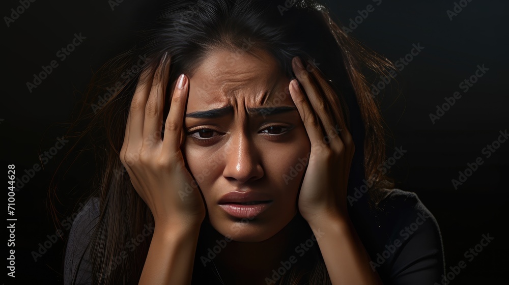 Crisis reflection: Stressed young Indian woman with a migraine, thinking over bad news, feeling sick and tired. Crisis reflection: Stressed young Indian woman with a migraine, thinking over bad news, feeling sick and tired.