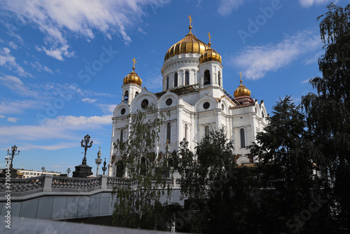The golden domes of white orthodox Cathedral of Christ the Saviour in Moscow in Russia. High quality photo