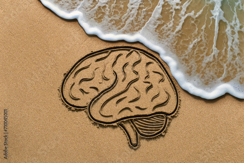 Alzheimer disease metaphor. A brain stick drawing in the sand on a beach. The coming ocean waves are about to wipe out and dissolve the drawing photo