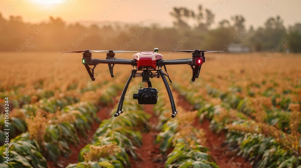 An agricultural drone works on a plantation connected to the ground machinery that works the field. Generative AI.