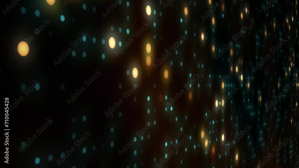 3D wall of animated blinking yellow and green, orange and teal, led light dots, looping texture background design