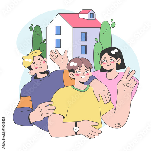 Co-living. Friends or roommates living together. Characters hang out in dormitory or student apartment. Joint living and recreation in friends company. Flat vector illustration.