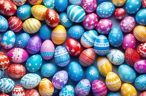 colored Easter eggs with different ornaments close to each other occupy the entire background