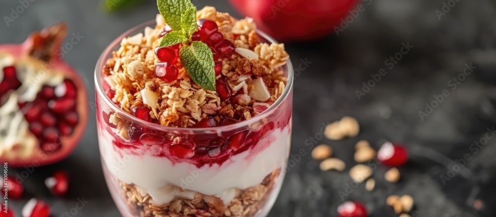 Pomegranate parfait with Greek yogurt and granola, focusing on toning. Pomegranate parfait with Greek yogurt and granola, focusing on toning.