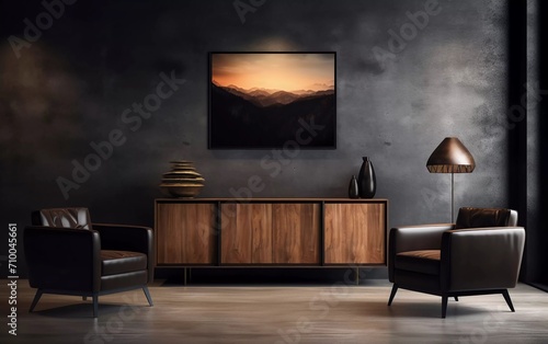 Dark contemporary waiting room interior with wooden sideboard  small coffee table and black armchairs. generative ai