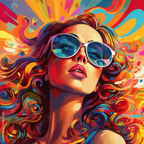 portrait of a woman in sunglasses in psychedelic style