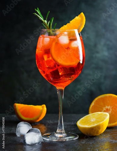 Aperol spritz cocktail in a glass with ice cubes against a dark background, traditional summer drink