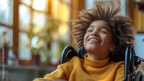 Happy mixed-race school student in a wheelchair in a classroom, Laughing, Sun rays through windows. Generative AI.