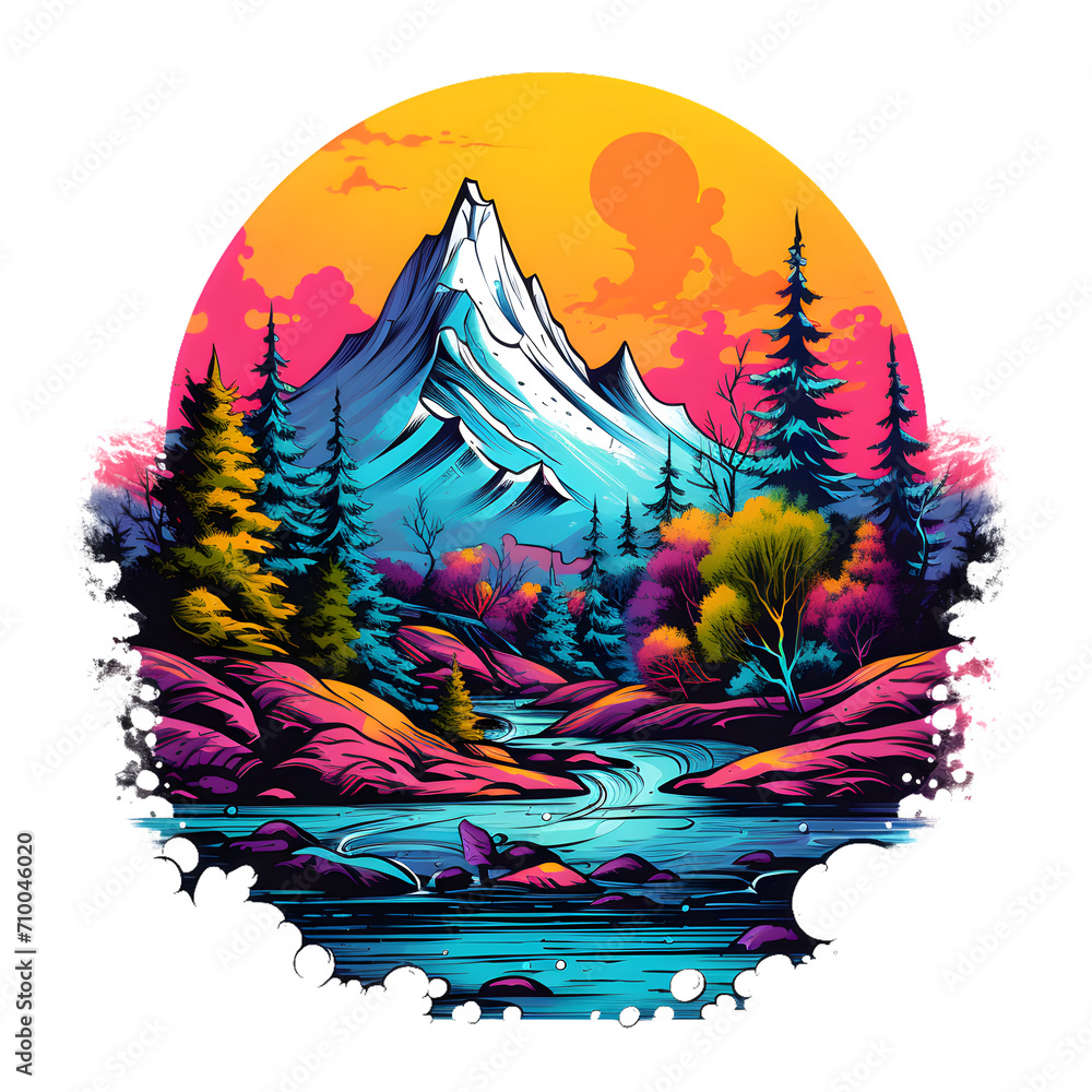 mountain landscape, vibrant color, t-shirt design, isolated on white