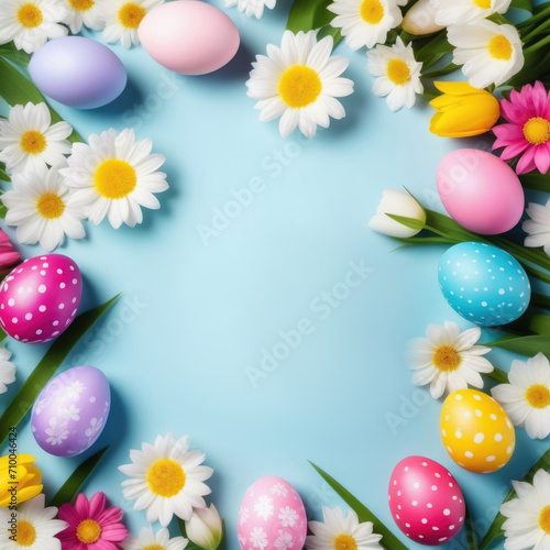 square flower frame, Easter, spring flowers, painted multicolored eggs, an empty space in the center for text, blue background