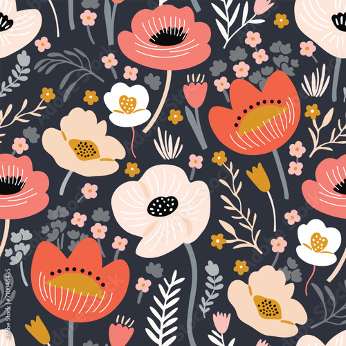 Seamless floral pattern with flowers and leaves. Vector illustration in doodle style