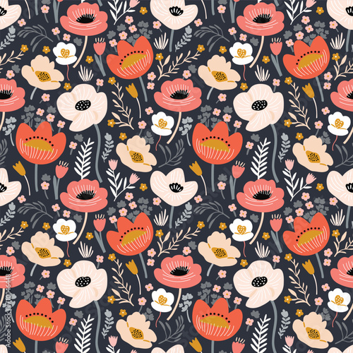 Seamless floral pattern with flowers and leaves. Vector illustration in doodle style