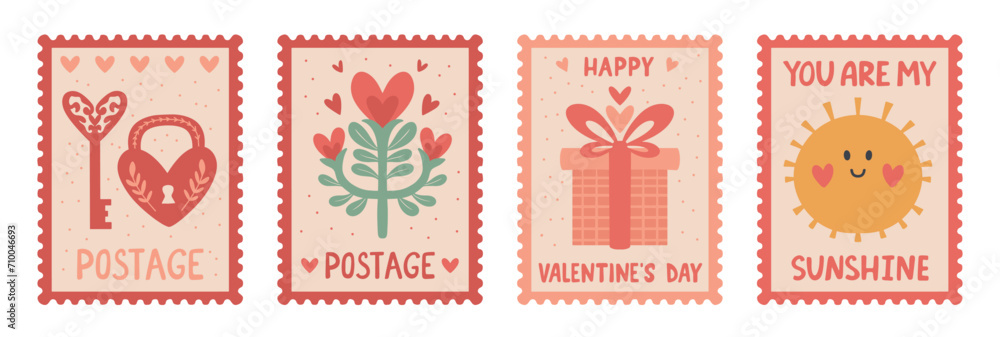 Valentine's Day Postal Stamp Set: Vector Collection of Love Themed Stickers. Isolated Romantic elements with Hearts, Lock and Key, and Gift Box for Journal Stickers, Scrapbooking, and Greeting Cards - obrazy, fototapety, plakaty 