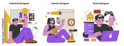 Specialized Design Fields set. A fusion of industrial, interior, and game design, where innovation meets aesthetics to shape user experiences. Flat vector illustration.