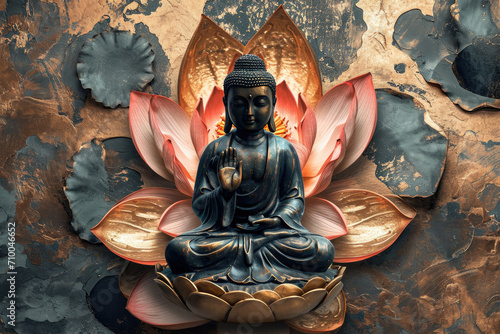 Buddha statue with a lotus flower on an abstract beautiful decorative shining background  Asia faith spirit and culture.