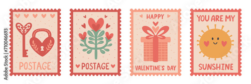 Valentine's Day Postal Stamp Set: Vector Collection of Love Themed Stickers. Isolated Romantic elements with Hearts, Lock and Key, and Gift Box for Journal Stickers, Scrapbooking, and Greeting Cards