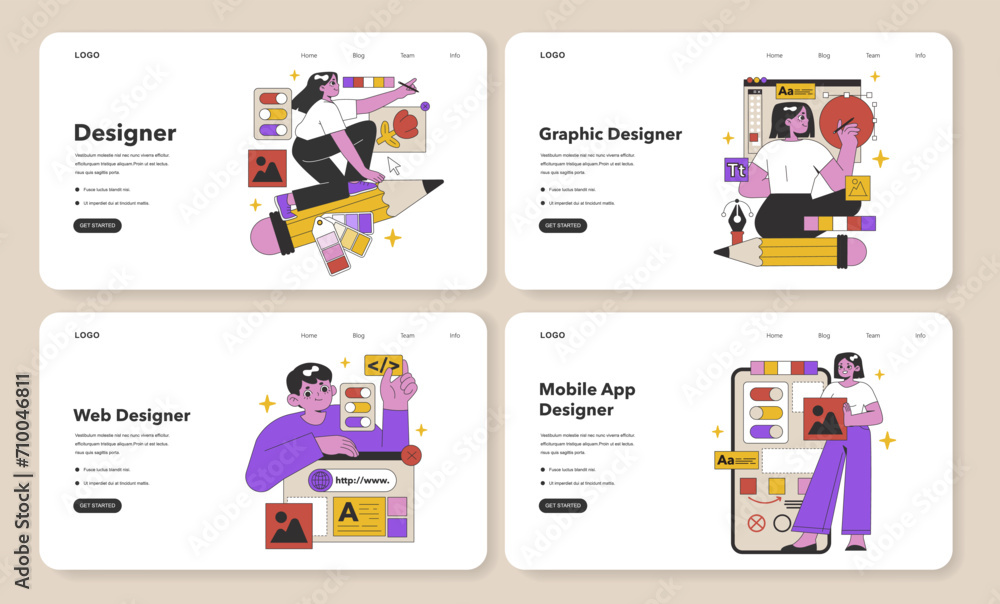 Design Professionals in Action set. Artists immersed in graphic, web, and mobile app design, shaping visual communication and digital solutions. Flat vector illustration.