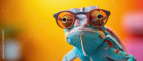  Funny chameleon wearing sunglasses in studio with a colorful and bright background, right side of the composition