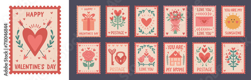 Valentine's Day Postal Stamp Set: Vector Collection of Love Themed Stickers. Isolated Romantic elements with Heart and Arrow, Rose, and Gift Box for Journal Stickers, Scrapbooking, and Greeting Cards