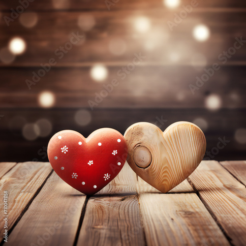 valentines day background with two hearts on wooden background Generative AI