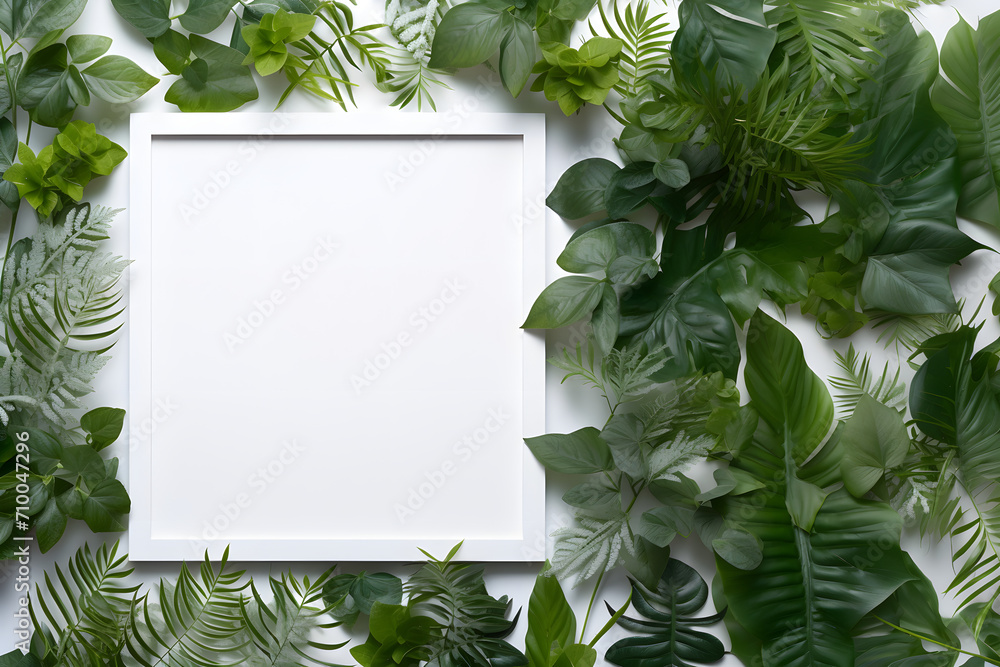 white frame in tropical leaves, empty frame surrounded by vegetation white frame in tropical leaves, empty frame surrounded by vegetation