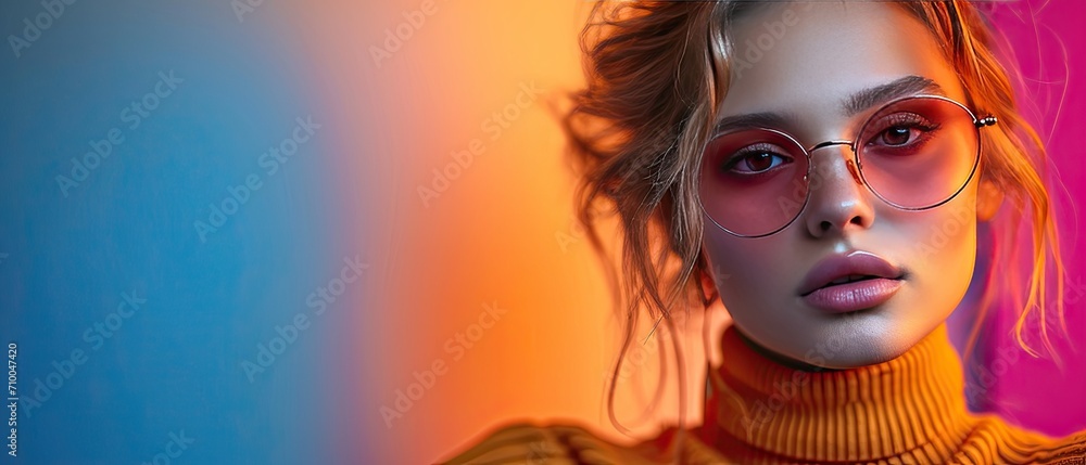 Girl wearing sunglasses on a colorful and bright background, focus on the eyes.