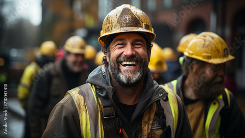 portrait of a smiling man in hardhat standing on the roof of the house.
