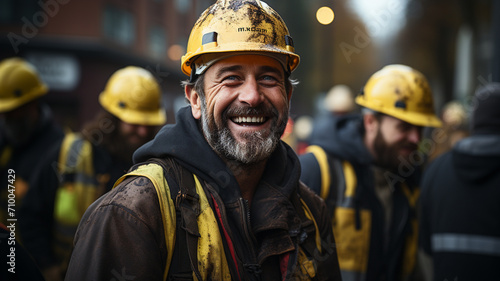 portrait of a smiling man in hardhat standing on the roof of the house.