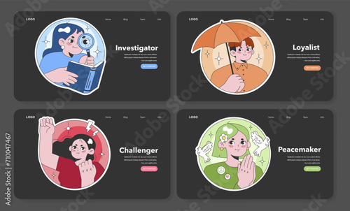 Digital enneagram guide. Investigator, Loyalist, Challenger, and Peacemaker icons for interactive personality exploration. Web interface design. Flat vector illustration